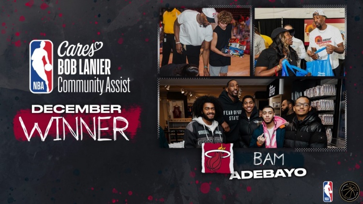 开云体育入口-官方：热火中锋阿德巴约获得十二月份鲍勃·兰尼尔社区关怀奖